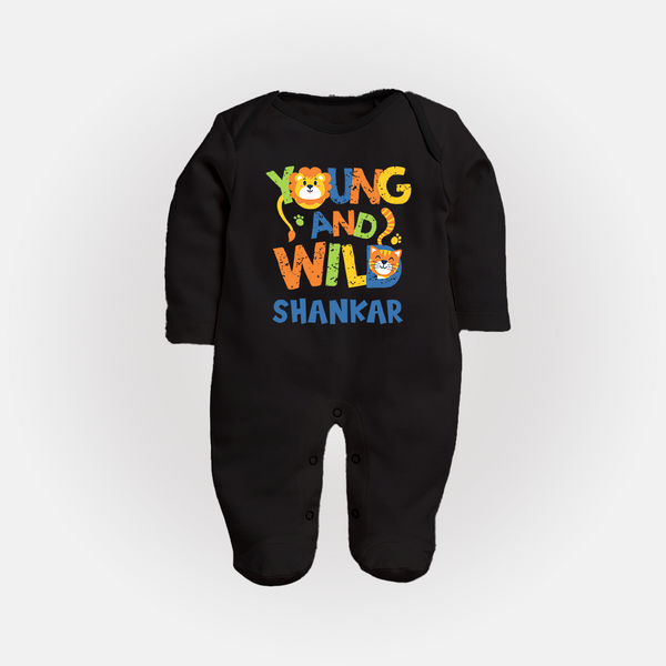 Young and Wild Sleep Suit/Full Sleeve Body Suit | Personalized Baby Sleep Suit/Full Sleeve Body Suit for Adventurous Kids - BLACK - New Born (Chest 7.5")