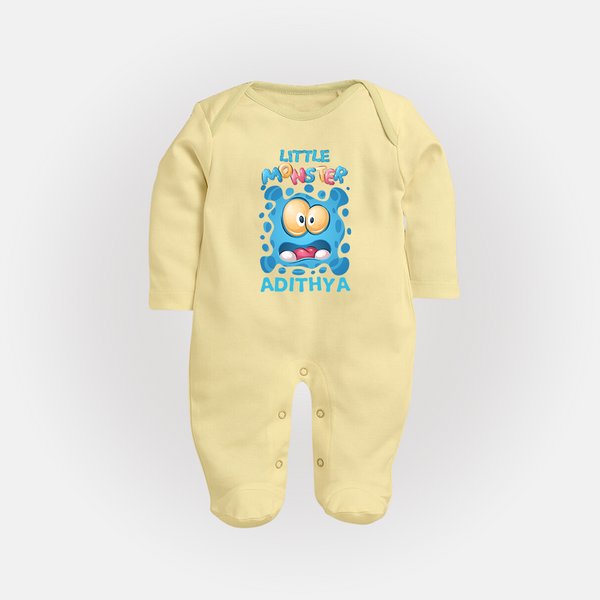 Little Monster Sleep Suit/Full Sleeve Body Suit | Personalized Baby Sleep Suit/Full Sleeve Body Suit for Playful Kids - PASTEL YELLOW - New Born (Chest 7.5")
