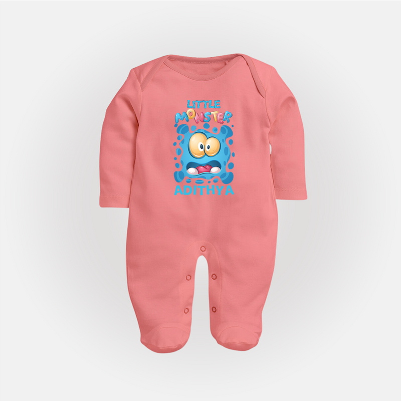 Little Monster Sleep Suit/Full Sleeve Body Suit | Personalized Baby Sleep Suit/Full Sleeve Body Suit for Playful Kids - PEACH - New Born (Chest 7.5")