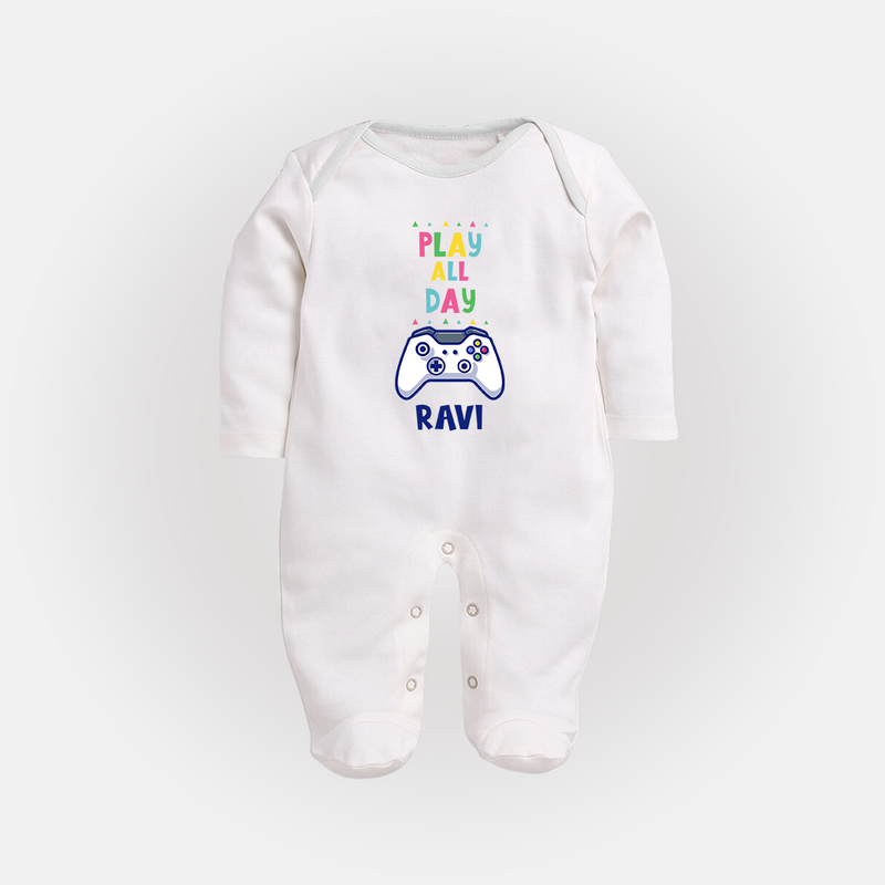 Play All Day Sleep Suit/Full Sleeve Body Suit | Personalized Baby Sleep Suit/Full Sleeve Body Suit for Busy Bees - WHITE - New Born (Chest 7.5")