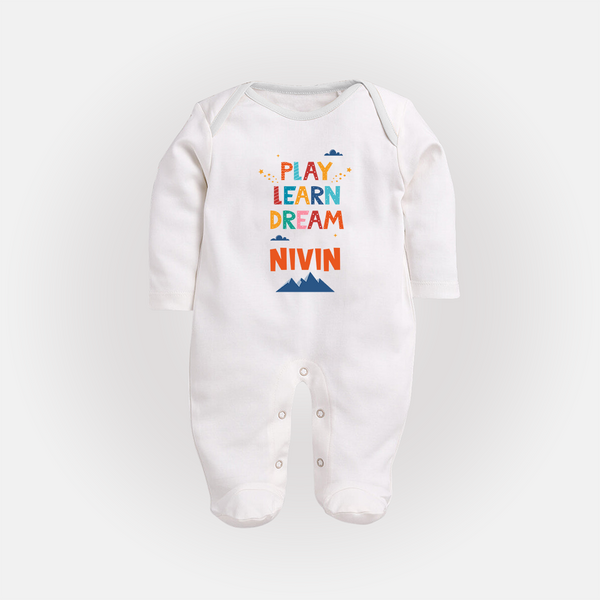 Play Learn Dream Sleep Suit/Full Sleeve Body Suit | Custom Baby Sleep Suit/Full Sleeve Body Suit for Curious Minds - WHITE - New Born (Chest 7.5")