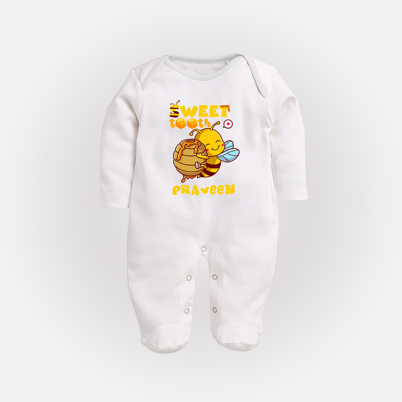 Sweet Tooth Sleep Suit/Full Sleeve Body Suit | Custom Baby Sleep Suit/Full Sleeve Body Suit for Candy Lovers - WHITE - New Born (Chest 7.5")