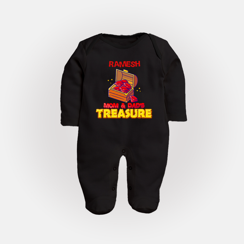 Mom and Dad's Treasure Sleep Suit/Full Sleeve Body Suit | Personalized Baby Sleep Suit/Full Sleeve Body Suit for Cherished Kids - BLACK - New Born (Chest 7.5")