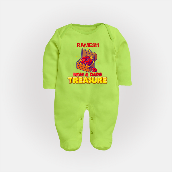 Mom and Dad's Treasure Sleep Suit/Full Sleeve Body Suit | Personalized Baby Sleep Suit/Full Sleeve Body Suit for Cherished Kids - LIME GREEN - New Born (Chest 7.5")