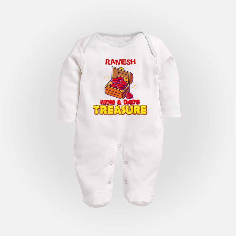 Mom and Dad's Treasure Sleep Suit/Full Sleeve Body Suit | Personalized Baby Sleep Suit/Full Sleeve Body Suit for Cherished Kids - WHITE - New Born (Chest 7.5")