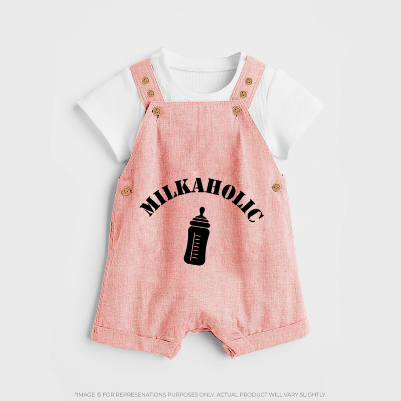 Milkaholic Dungaree | Personalized Baby Dungaree for Milk Lovers - PEACH - 0 - 5 Months Old (Chest 18")