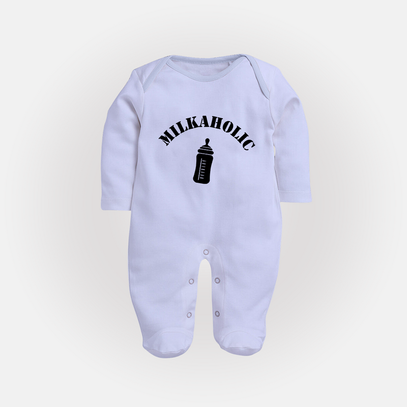 Milkaholic Sleep Suit | Personalized Baby Sleep Suit for Milk Lovers - BABY BLUE - New Born (Chest 7.5")
