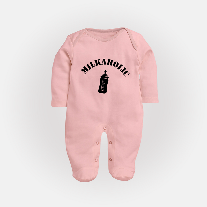 Milkaholic Sleep Suit | Personalized Baby Sleep Suit for Milk Lovers - BABY PINK - New Born (Chest 7.5")