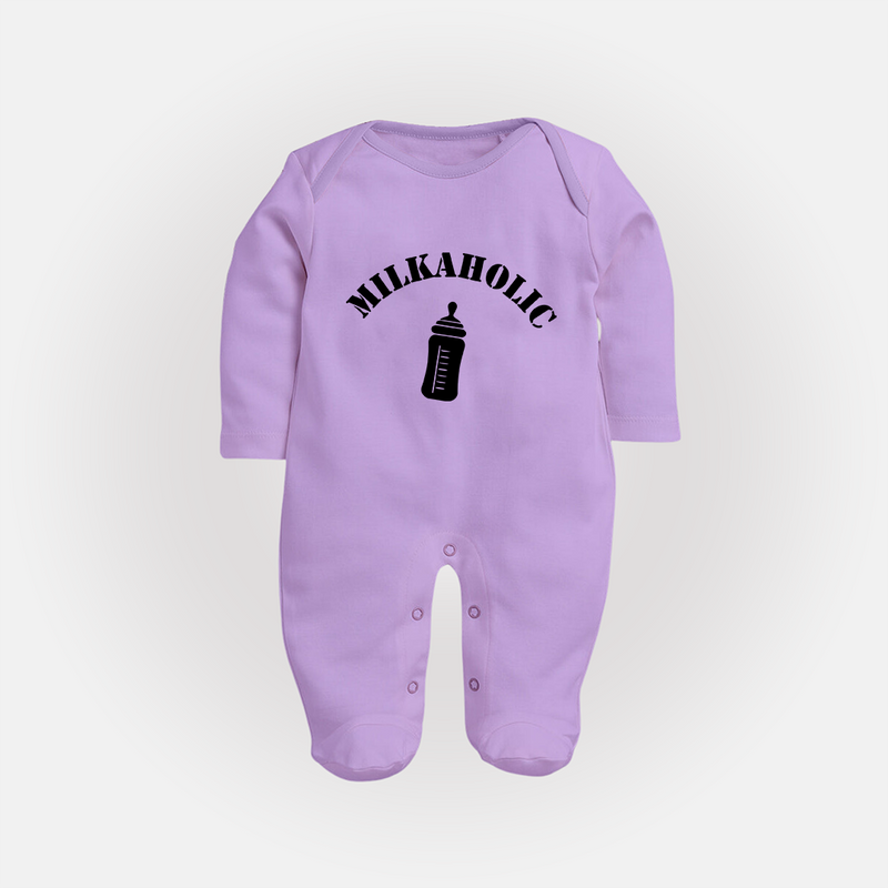 Milkaholic Sleep Suit | Personalized Baby Sleep Suit for Milk Lovers - LILAC - New Born (Chest 7.5")