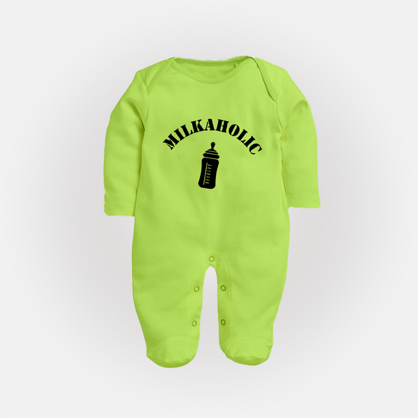 Milkaholic Sleep Suit | Personalized Baby Sleep Suit for Milk Lovers - LIME GREEN - New Born (Chest 7.5")