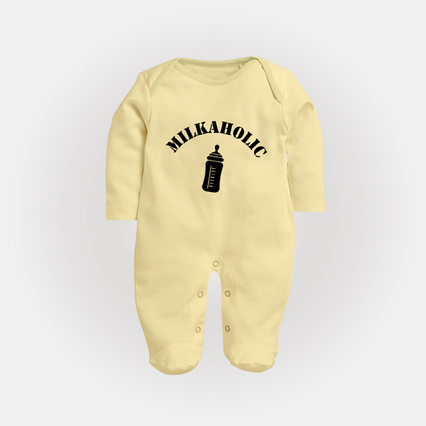 Milkaholic Sleep Suit | Personalized Baby Sleep Suit for Milk Lovers - PASTEL YELLOW - New Born (Chest 7.5")