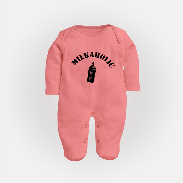 Milkaholic Sleep Suit | Personalized Baby Sleep Suit for Milk Lovers - PEACH - New Born (Chest 7.5")