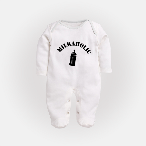 Milkaholic Sleep Suit | Personalized Baby Sleep Suit for Milk Lovers - WHITE - New Born (Chest 7.5")