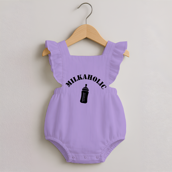 Milkaholic Romper Frock | Personalized Baby Romper Frock for Milk Lovers - LILAC - 0 - 3 Months Old (Chest 19")