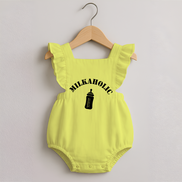 Milkaholic Romper Frock | Personalized Baby Romper Frock for Milk Lovers - PASTEL YELLOW - 0 - 3 Months Old (Chest 19")