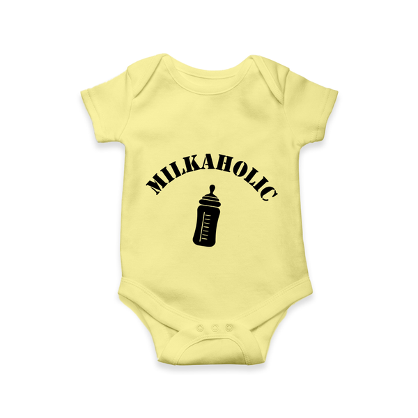 Milkaholic Romper | Personalized Baby Romper for Milk Lovers - PASTEL YELLOW - New Born (Chest 14")