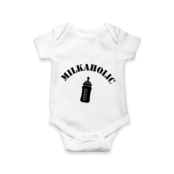 Milkaholic Romper | Personalized Baby Romper for Milk Lovers - WHITE - New Born (Chest 14")