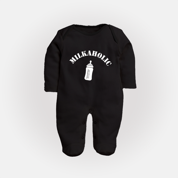 Milkaholic Sleep Suit | Personalized Baby Sleep Suit for Milk Lovers - BLACK - New Born (Chest 7.5")