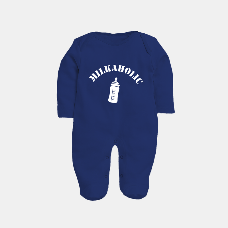 Milkaholic Sleep Suit | Personalized Baby Sleep Suit for Milk Lovers - NAVY BLUE - New Born (Chest 7.5")