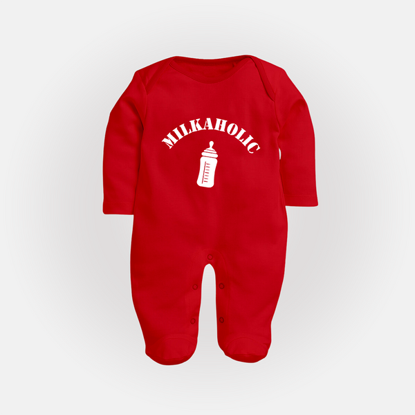 Milkaholic Sleep Suit | Personalized Baby Sleep Suit for Milk Lovers - RED - New Born (Chest 7.5")