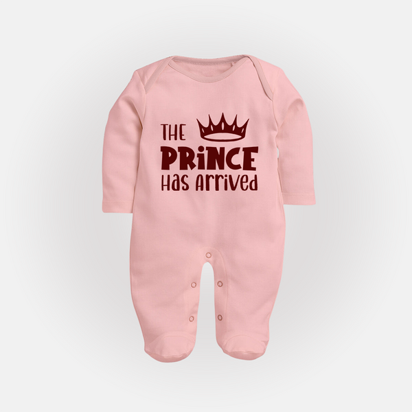 The Prince Has Arrived Sleep Suit | Custom Baby Sleep Suit for Your Little Prince - BABY PINK - New Born (Chest 7.5")