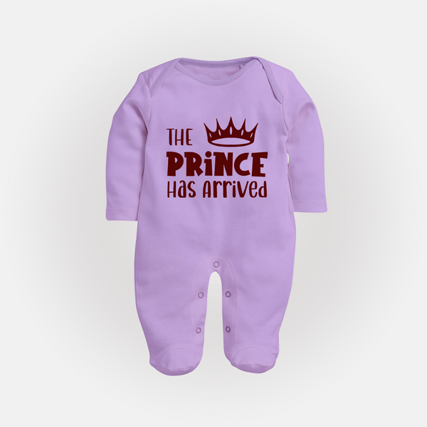 The Prince Has Arrived Sleep Suit | Custom Baby Sleep Suit for Your Little Prince - LILAC - New Born (Chest 7.5")