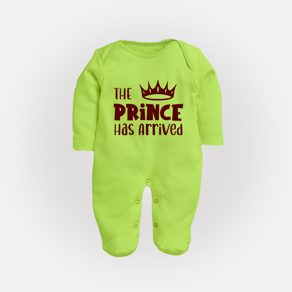 The Prince Has Arrived Sleep Suit | Custom Baby Sleep Suit for Your Little Prince - LIME GREEN - New Born (Chest 7.5")