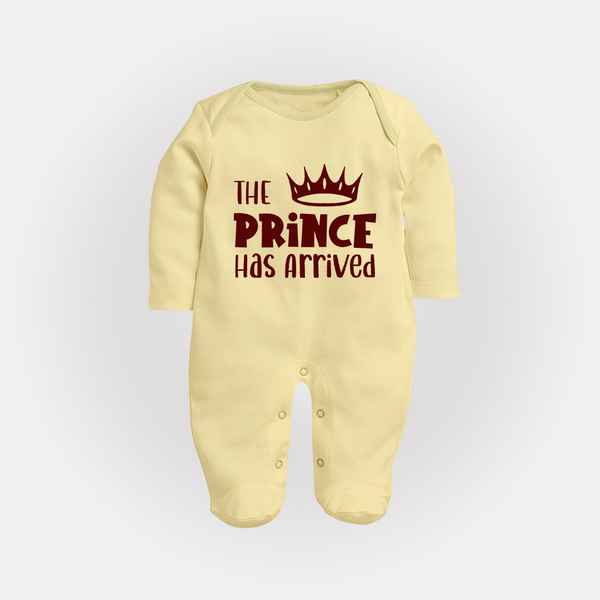 The Prince Has Arrived Sleep Suit | Custom Baby Sleep Suit for Your Little Prince - PASTEL YELLOW - New Born (Chest 7.5")