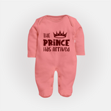 The Prince Has Arrived Sleep Suit | Custom Baby Sleep Suit for Your Little Prince - PEACH - New Born (Chest 7.5")