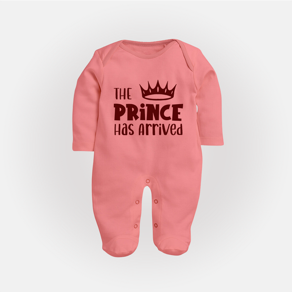 The Prince Has Arrived Sleep Suit | Custom Baby Sleep Suit for Your Little Prince - PEACH - New Born (Chest 7.5")