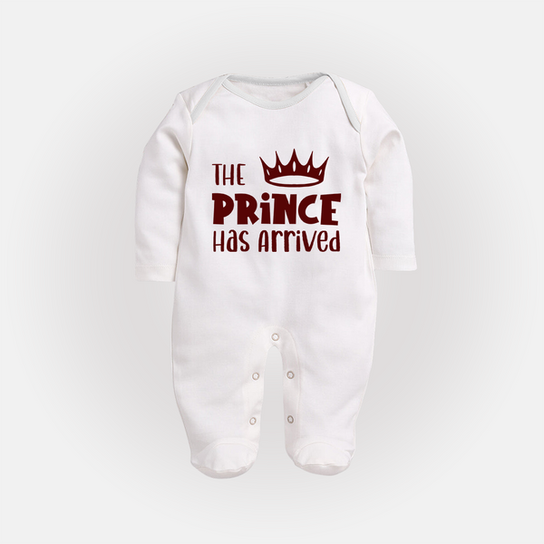 The Prince Has Arrived Sleep Suit | Custom Baby Sleep Suit for Your Little Prince - WHITE - New Born (Chest 7.5")