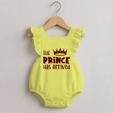 The Prince Has Arrived Romper Frock | Custom Baby Romper Frock for Your Little Prince - PASTEL YELLOW - 0 - 3 Months Old (Chest 19")