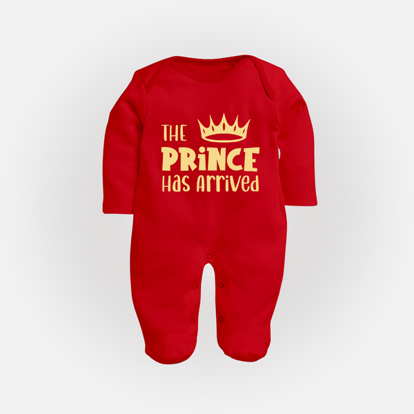 The Prince Has Arrived Sleep Suit | Custom Baby Sleep Suit for Your Little Prince - RED - New Born (Chest 7.5")