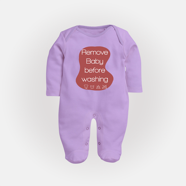Remove Baby Before Washing Sleep Suit | Funny Personalized Baby Sleep Suit - LILAC - New Born (Chest 7.5")