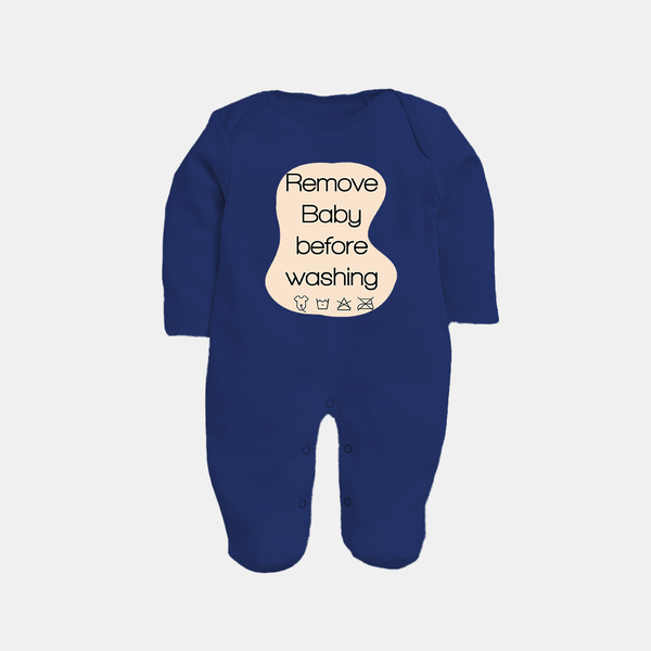 Remove Baby Before Washing Sleep Suit | Funny Personalized Baby Sleep Suit - NAVY BLUE - New Born (Chest 7.5")