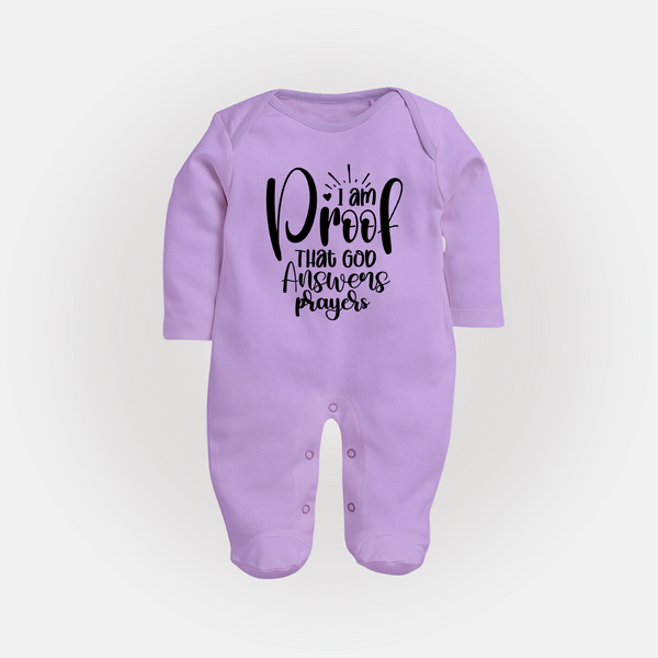 I Am Proof That God Answers Prayers Sleep Suit | Custom Baby Sleep Suit for Your Little Miracle - LILAC - New Born (Chest 7.5")