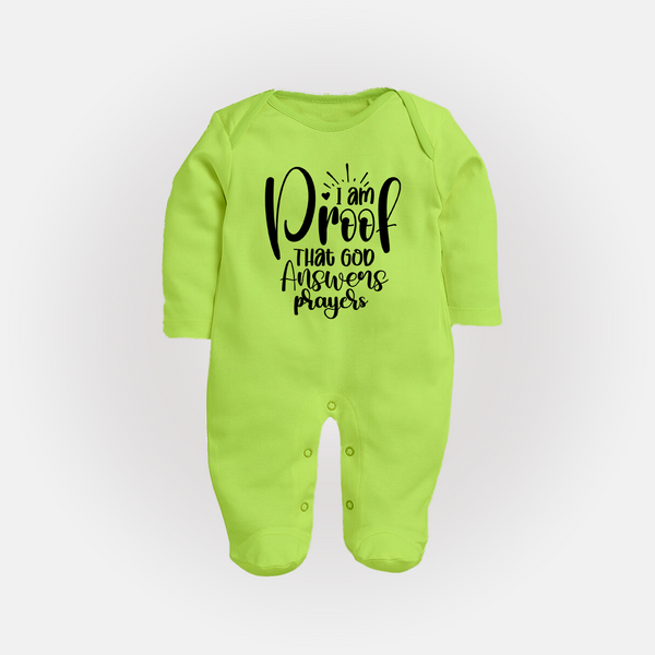 I Am Proof That God Answers Prayers Sleep Suit | Custom Baby Sleep Suit for Your Little Miracle - LIME GREEN - New Born (Chest 7.5")