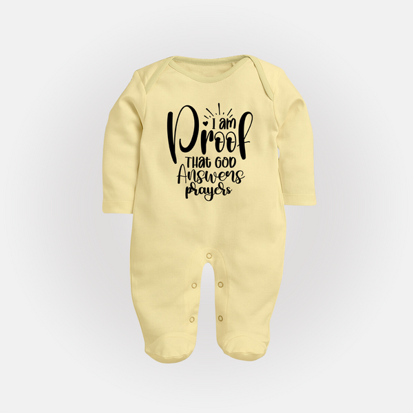 I Am Proof That God Answers Prayers Sleep Suit | Custom Baby Sleep Suit for Your Little Miracle - PASTEL YELLOW - New Born (Chest 7.5")