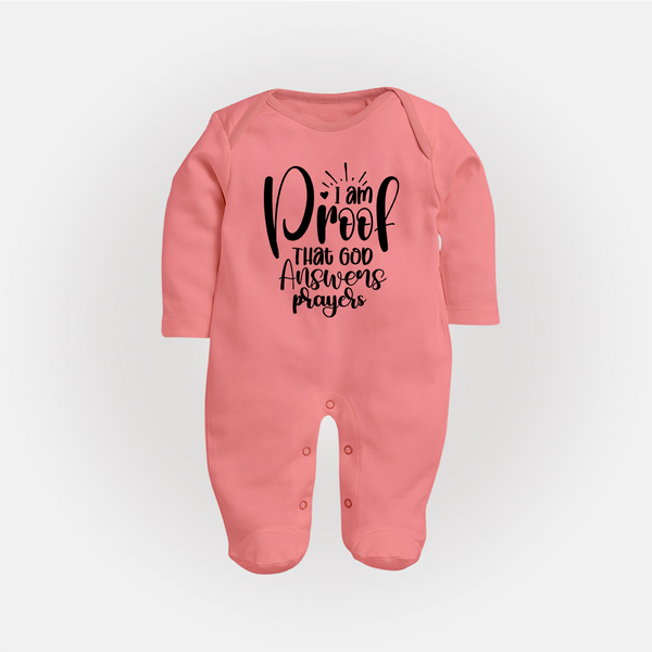 I Am Proof That God Answers Prayers Sleep Suit | Custom Baby Sleep Suit for Your Little Miracle - PEACH - New Born (Chest 7.5")