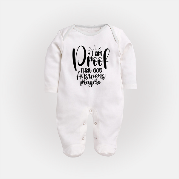 I Am Proof That God Answers Prayers Sleep Suit | Custom Baby Sleep Suit for Your Little Miracle - WHITE - New Born (Chest 7.5")