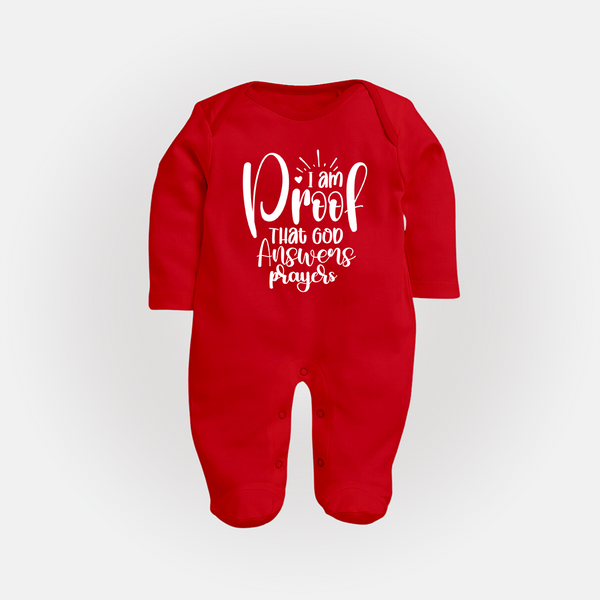 I Am Proof That God Answers Prayers Sleep Suit | Custom Baby Sleep Suit for Your Little Miracle - RED - New Born (Chest 7.5")