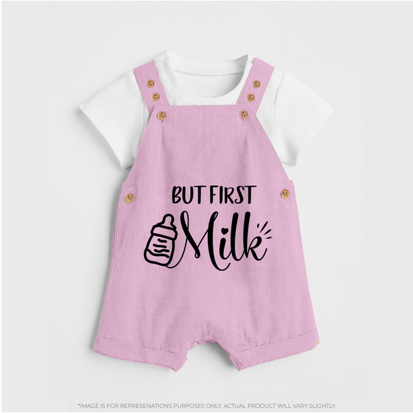 But First Milk Dungaree | Custom Baby Dungaree for Milk Lovers - BABY PINK - 0 - 5 Months Old (Chest 18")