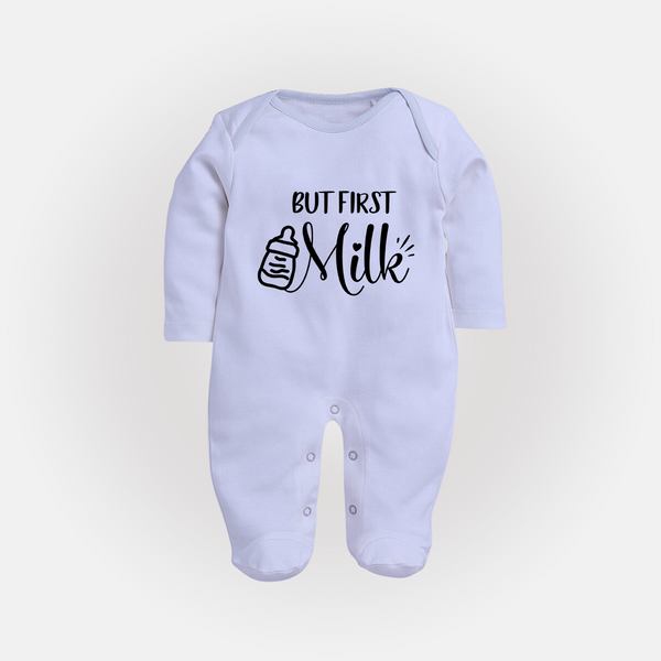 But First Milk Sleep Suit | Custom Baby Sleep Suit for Milk Lovers - BABY BLUE - New Born (Chest 7.5")