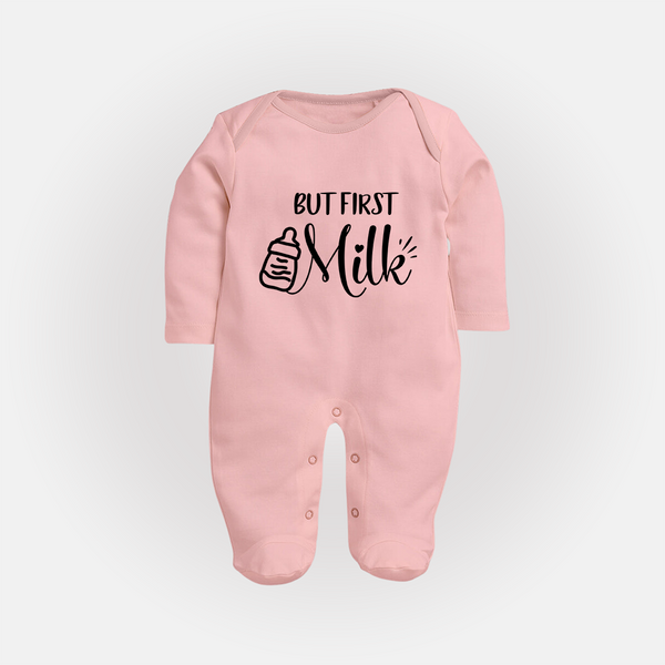 But First Milk Sleep Suit | Custom Baby Sleep Suit for Milk Lovers - BABY PINK - New Born (Chest 7.5")