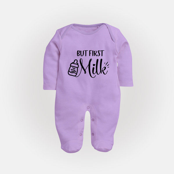 But First Milk Sleep Suit | Custom Baby Sleep Suit for Milk Lovers - LILAC - New Born (Chest 7.5")