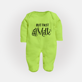 But First Milk Sleep Suit | Custom Baby Sleep Suit for Milk Lovers - LIME GREEN - New Born (Chest 7.5")
