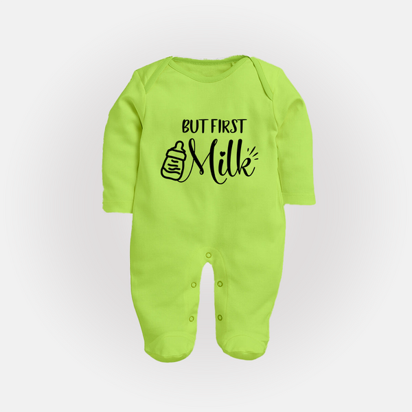 But First Milk Sleep Suit | Custom Baby Sleep Suit for Milk Lovers - LIME GREEN - New Born (Chest 7.5")
