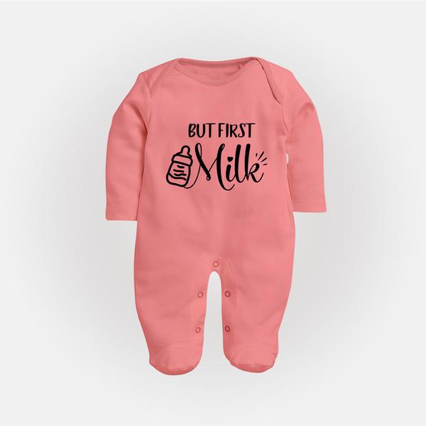 But First Milk Sleep Suit | Custom Baby Sleep Suit for Milk Lovers - PEACH - New Born (Chest 7.5")