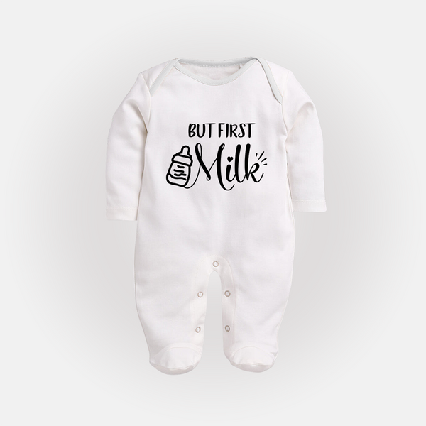 But First Milk Sleep Suit | Custom Baby Sleep Suit for Milk Lovers - WHITE - New Born (Chest 7.5")