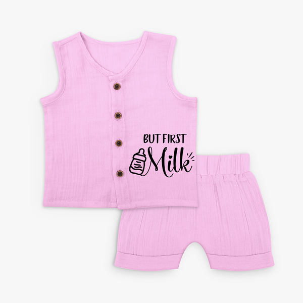 But First Milk Jabla Set | Custom Baby Jabla Set for Milk Lovers - BABY PINK - 0 - 3 Months Old (Chest 9.8")